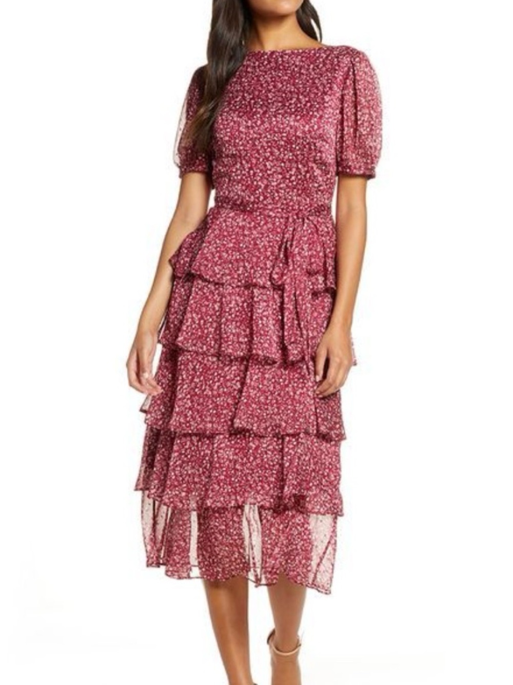 Rachel Parcell Floral Tiered Short Sleeve Chiffon Dress Burgundy | Size XS